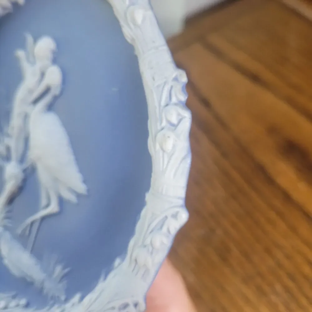 Schafer & Vater Blue & White Jasperware Plaque Featuring a Cherub & Stork Lily